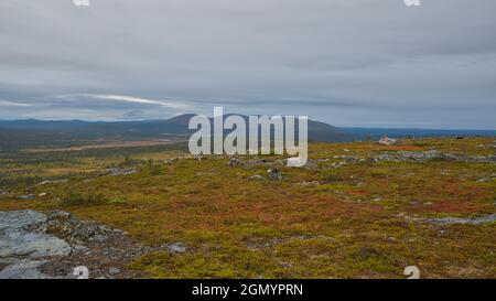 Herbstszene, Pallastunturit fellt im Hintergrund. Pallas-Yllästunturi-Nationalpark, Muonio, Finnland Stockfoto