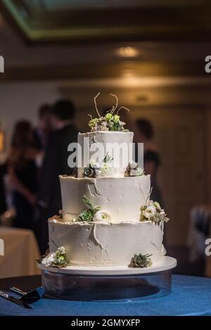 Vertikale Aufnahme einer dreistuften Hochzeitstorte, aufgenommen im Peachtree Club in Atlanta, GA Stockfoto