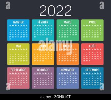 Jahr 2022 farbenfroher minimalistischer Kalender, in französischer Sprache, auf schwarzem Hintergrund. Vektorvorlage. Stock Vektor