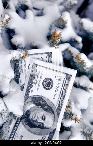 Spielen Sie Geld legt, die Hälfte im Schnee begraben.  Bild könnte "kalten Cash", "eingefrorenen Vermögenswerte" usw. darstellen. Stockfoto