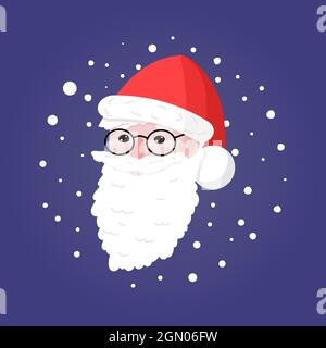 Niedlichen Weihnachtsmann Kopf mit Schneeflocken um auf blauem Hintergrund Vektor Illustration. Happy X'Mas Neujahr Gruß Geschenk Design Vorlage Stock Vektor