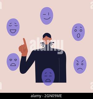 Ein schwarzer Mann ohne Gesicht wählt eine Maske, um verschiedene Emotionen auszudrücken. Das Konzept der Persönlichkeit ändert sich entsprechend den gesellschaftlichen Anforderungen und Stock Vektor