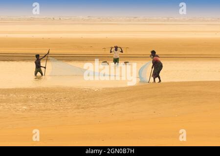 TAJPUR, WESTBENGALEN, INDIEN - 22. JUNI 2014 : Ein Fischer, der mit seiner Frau und seinem Sohn Fische mit Fischernetz am Ufer der Bucht von Bengalen fängt. Angeln Stockfoto