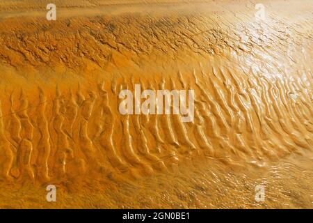 Reflexion der Sonne im Wasser des Flusses, Flussbett Landschaft von Tajpur. Natürliche abstrakte Muster aus Wasser und Sand. Westbengalen, Indien Stockfoto