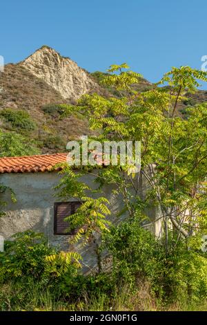 griechischer Bauernhof mit roten Terrakotta-Dachziegeln unter Bäumen am Fuße eines Berges auf der griechischen Insel zakynthos in griechenland mit blauem Himmel. Stockfoto