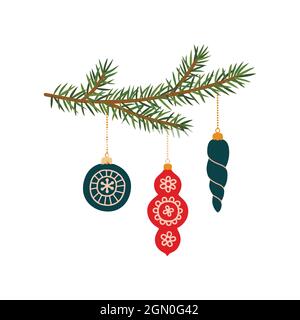 Weihnachtsbaum Äste mit Neujahr Spielzeug. Stock Vektor