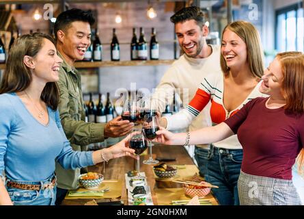 Eine Gruppe von begeisterten, glücklichen jungen Freunden, die gemeinsam anstoßen, während sie ihre Gläser Rotwein anklirken, während sie eine Mahlzeit in einem Pub oder Restaurant genießen Stockfoto