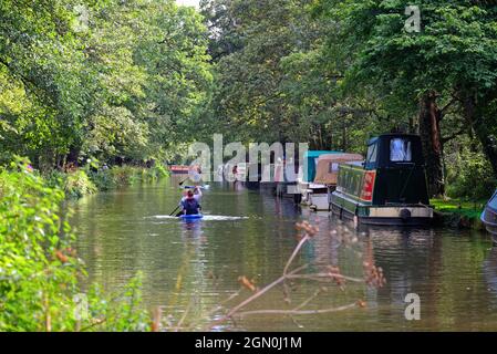 Kanufahrer auf dem River Wey Navigation Kanal an einem sonnigen Sommertag in Pyrford Surrey England Stockfoto