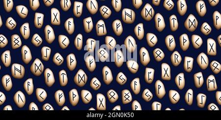 Runen nahtlose ethnische Muster. Runenalphabet, Futhark. Alte nordische okkulte Symbole, schwarze wikinger Buchstaben geschnitzt in Stein, Rune Schrift. Design für Fab Stock Vektor