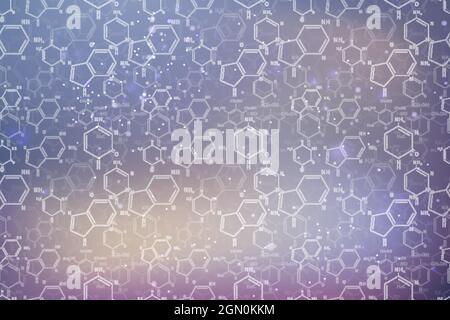 Viele verschiedene chemische Nukleobasen bilden sich auf verschwommenem violettem, wissenschaftlich verblassenem Hintergrund Stock Vektor