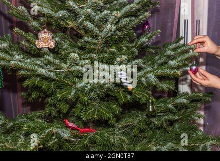 Schöne Ansicht der weiblichen Hand halten Weihnachtsbaum Dekoration. Schweden. Stockfoto