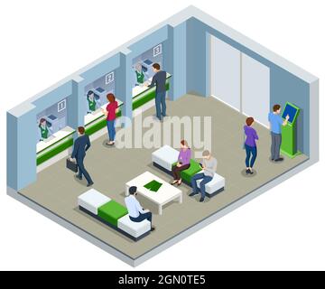 Isometrisches Bankbüro. Bankmitarbeiter, die hinter Tischen sitzen und Bankkunden bedienen. Finanzplatz modernes Corporate Interior Design Stock Vektor