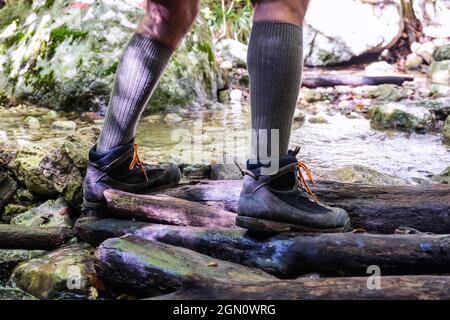 Wanderer fords den Fluss vorbei an Baumstämmen im Wasser gelegt. Stockfoto