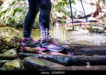 Wanderer fords den Fluss vorbei an Baumstämmen im Wasser gelegt. Stockfoto