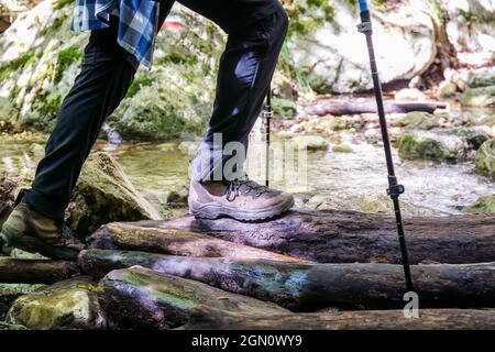 Wanderer fords den Fluss vorbei an Baumstämmen im Wasser gelegt. Stockfoto