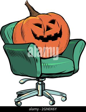 Halloween Kürbis sitzt auf einem Stuhl. Isolieren auf weißem Hintergrund. Interviews, Komfort zu Hause. Saisonaler Urlaub Stock Vektor