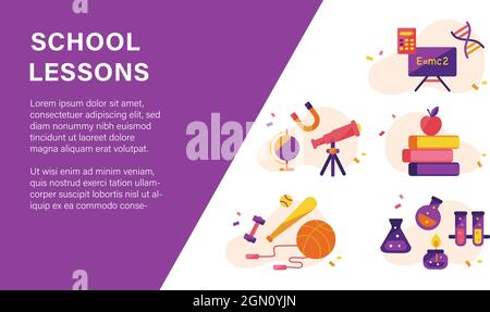 Vektor-Illustration von Schulunterricht Symbole auf lila weißen Hintergrund. Stock Vektor