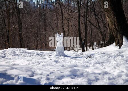 Die Schneekatze im Winterpark an einem sonnigen Tag im Februar Stockfoto