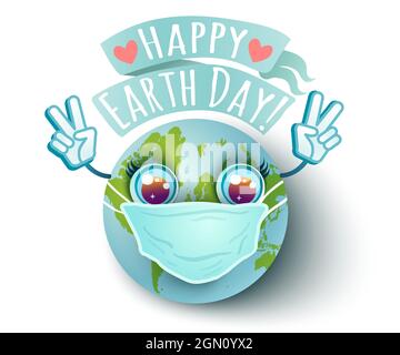 Vektordarstellung des Planeten Erde mit medizinischer Maske im Kawaii-Stil für den Tag der Erde. Tag der Erde 22 april. Wir lieben unseren Planeten. Stock Vektor