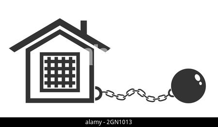Vektor-Ikone des Hauses mit Metallschäkeln. Vektor-Illustration von Gefängnis mit Ketten. Stoppen Sie Coronavirus. Stock Vektor