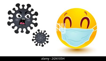 Vektor-Illustration von Lächeln in medizinischer Maske und wütend Coronavirus. Lustige Emoji im Kawaii-Stil. Vector Lächeln in Gesichtsmaske und Viren. Stock Vektor