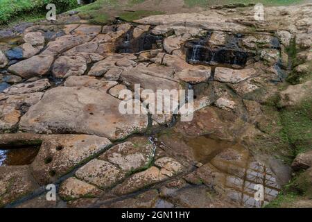 Alte Flussbettschnitzungen genannt Fuente de Lavapatas im archäologischen Park in San Agustin, Kolumbien Stockfoto