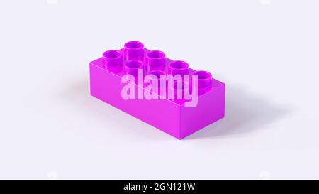 Pinkfarbener Lego-Block aus Kunststoff auf weißem Hintergrund. 3d-Rendern mit einem Arbeitspfad Stockfoto