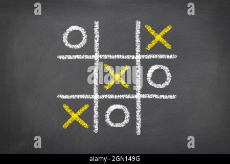 Ein Spiel mit Tic tac toe, das auf einem Kreidetafel gespielt wird, zeigt die Notwendigkeit, ein kritischer Denker in der Welt des Spielens zu sein. Stockfoto