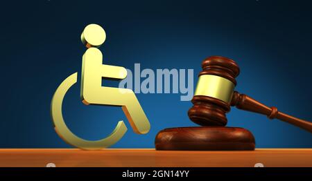 Behindertenrecht, Sozialdienste und Rechtsakte für behinderte Menschen Konzept mit einem Richter gavel und einem Rollstuhl Symbol 3D-Illustration. Stockfoto