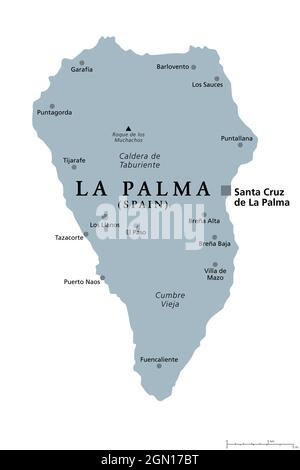 Insel La Palma, graue politische Landkarte mit der Hauptstadt Santa Cruz. San Miguel de La Palma, nordwestliche Insel der Kanarischen Inseln, Spanien. Stockfoto