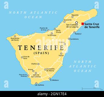 Insel Teneriffa, politische Landkarte, mit Hauptstadt Santa Cruz de Teneriffa. Die größte und bevölkerungsreichste Insel der Kanarischen Inseln, Spanien. Stockfoto