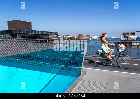 Radfahrer auf dem Inderhavnsbroen Rad- und Fußgängerbrücke, über den Hafen, bei Nyhavn, Kopenhagen gilt als die Radfahrhauptstadt der Welt, 45% der t Stockfoto