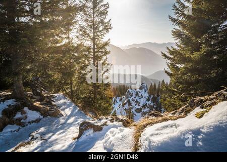 Blick von Laber (1,621 m) in die Ammergauer Alpen, Oberammergau, Oberbayern, Bayern, Deutschland Stockfoto
