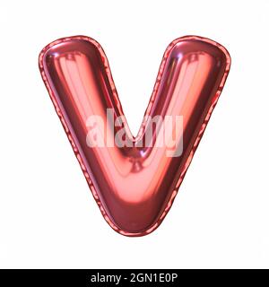Rot-Metallic-Ballon-Schrift Buchstabe V 3D-Darstellung isoliert auf weißem Hintergrund Stockfoto