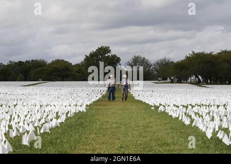 21. September 2021, Washington, District of Columbia, USA: Mehr als 650,000 weiße Flaggen, von denen 114, 937 Lateinamerikaner waren, stehen auf der National Mall zu Ehren der Amerikaner, die mit Covid 19 starben, während der Kunstausstellung „in America Remember“ heute am 21. September 2021 in der National Mall in Washington DC, USA. (Bild: © Lenin Nolly/ZUMA Press Wire) Stockfoto