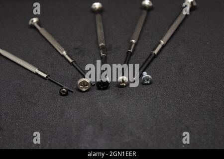 Kleine Schraubendreher mit unterschiedlichen Konzepten und Positionierungen. Form und Variation sind der Schlüssel zur Komposition. Der Aufwand ist am wertvollsten. Stockfoto