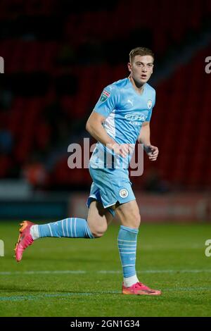 Doncaster, Großbritannien. September 2021. Liam Delap #48 von Manchester City U21 's in Doncaster, Vereinigtes Königreich am 9/21/2021. (Foto von Ben Early/News Images/Sipa USA) Quelle: SIPA USA/Alamy Live News Stockfoto