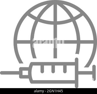 Medizinische Spritze und das Symbol für die Erdkugel. Weltimpfung, Statistik zur Bevölkerungsimpfung, Injektionssymbol Stock Vektor