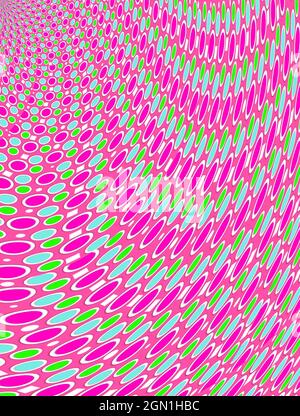 Das Hintergrundbild ist mit zwei geschichteten Kreisen und Punkten gefüllt. Jeder Polka-Punkt wird von einem weißen Rand umrandet. Punkte füllen rosa Hintergrund. Stockfoto