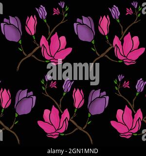 Nahtloses Magnolienmuster auf schwarzem Hintergrund. Stockfoto
