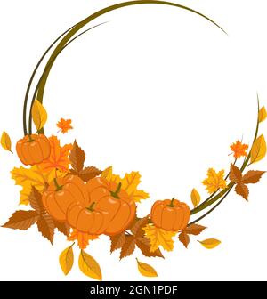 Runder Rahmen mit orangefarbenen und gelben Ahornblättern und Kürbissen. Heller Herbstkranz mit Geschenken der Natur und Ästen mit leerem Platz für Text Stock Vektor