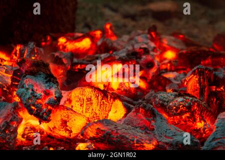 Details von Holzkohle für Grill bei Picknick, aktiv schwelende Glut des Feuers Stockfoto