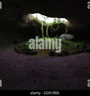 3d-Illustration eines Fantasy-Höhleneingangs mit einem bunten Himmel Stockfoto