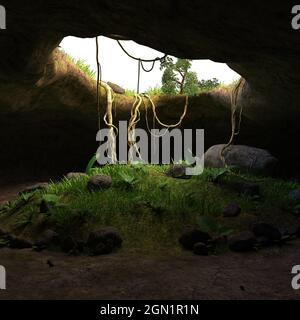 3d-Illustration eines Fantasy-Höhleneingangs mit einem bunten Himmel Stockfoto