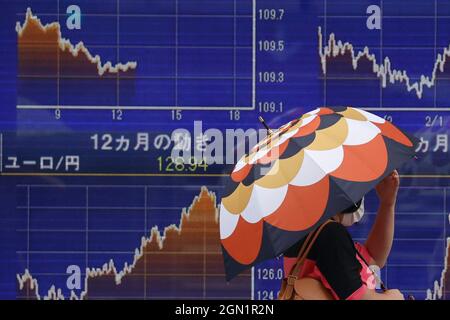 Tokio, Japan. August 2021. Eine Frau mit einem Regenschirm läuft vor einer elektrischen Tafel, die Nikkei Index A Brokerage in Tokio zeigt. (Foto von James Matumoto/SOPA Images/Sipa USA) Quelle: SIPA USA/Alamy Live News Stockfoto