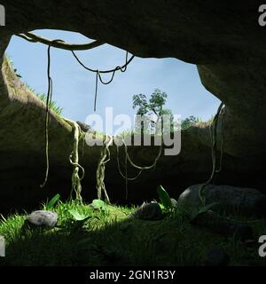 3d-Illustration eines Fantasy-Höhleneingangs mit einem bunten Himmel Stockfoto