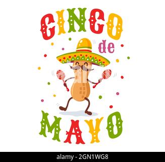 Vektorposter für Cinco de Mayo mit Erdnuss mit mexikanischem Sombrero und Maracas. Cinco de Mayo festlich. Stock Vektor