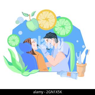 Banner mit Zahnarzt und Patient, die sich einer zahnärztlichen Untersuchung unterziehen. Design für Zahnklinik. Zahngesundheit und Mundhygiene medizinische Dienste, flache vecto Stock Vektor