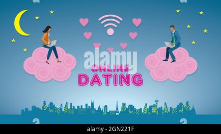 Online-Dating. Frau und Mann finden Liebe im Internet. Sitzend und kommunizierend auf einer rosa Wolke. Vektorgrafik. Dimension 16:9. Stock Vektor