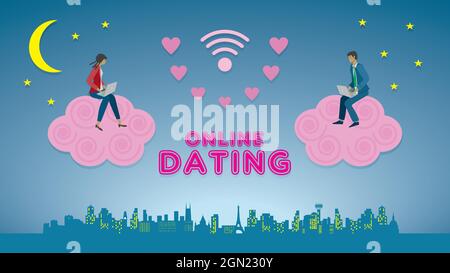 Online-Dating. Frau und Mann sitzen auf rosafarbenen Wolken und haben ein Romantikmatch. Stadtbild und Himmel mit Mond und Sternen. Vektorgrafik. EPS10. Stock Vektor